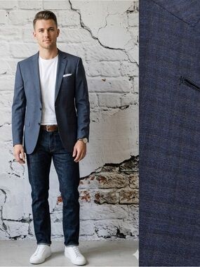 Linen Hugo Boss Sports Coat Navy Check Lanificio F.Lli Cerruti Italy Virgin Wool